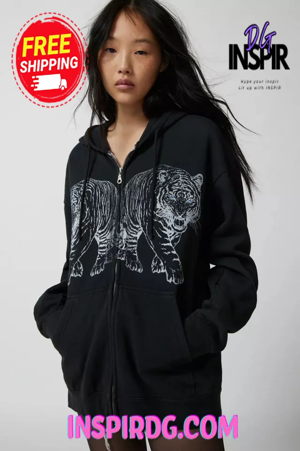 -Urban Outfitters Project Social T Tiger Zip-Up Hoodie Sweatshirt