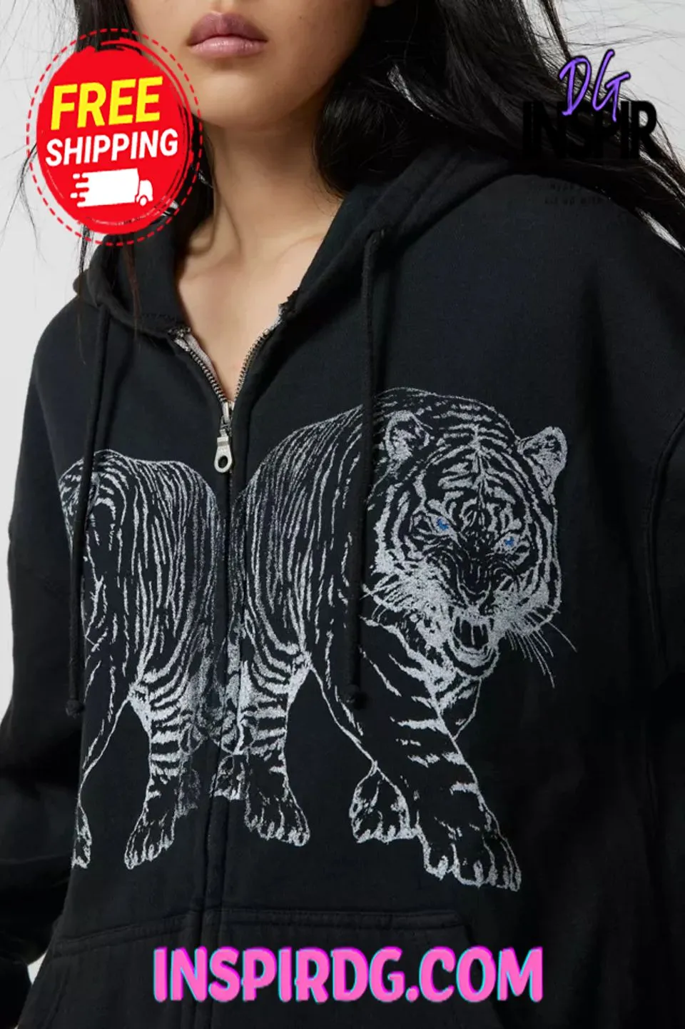 -Urban Outfitters Project Social T Tiger Zip-Up Hoodie Sweatshirt