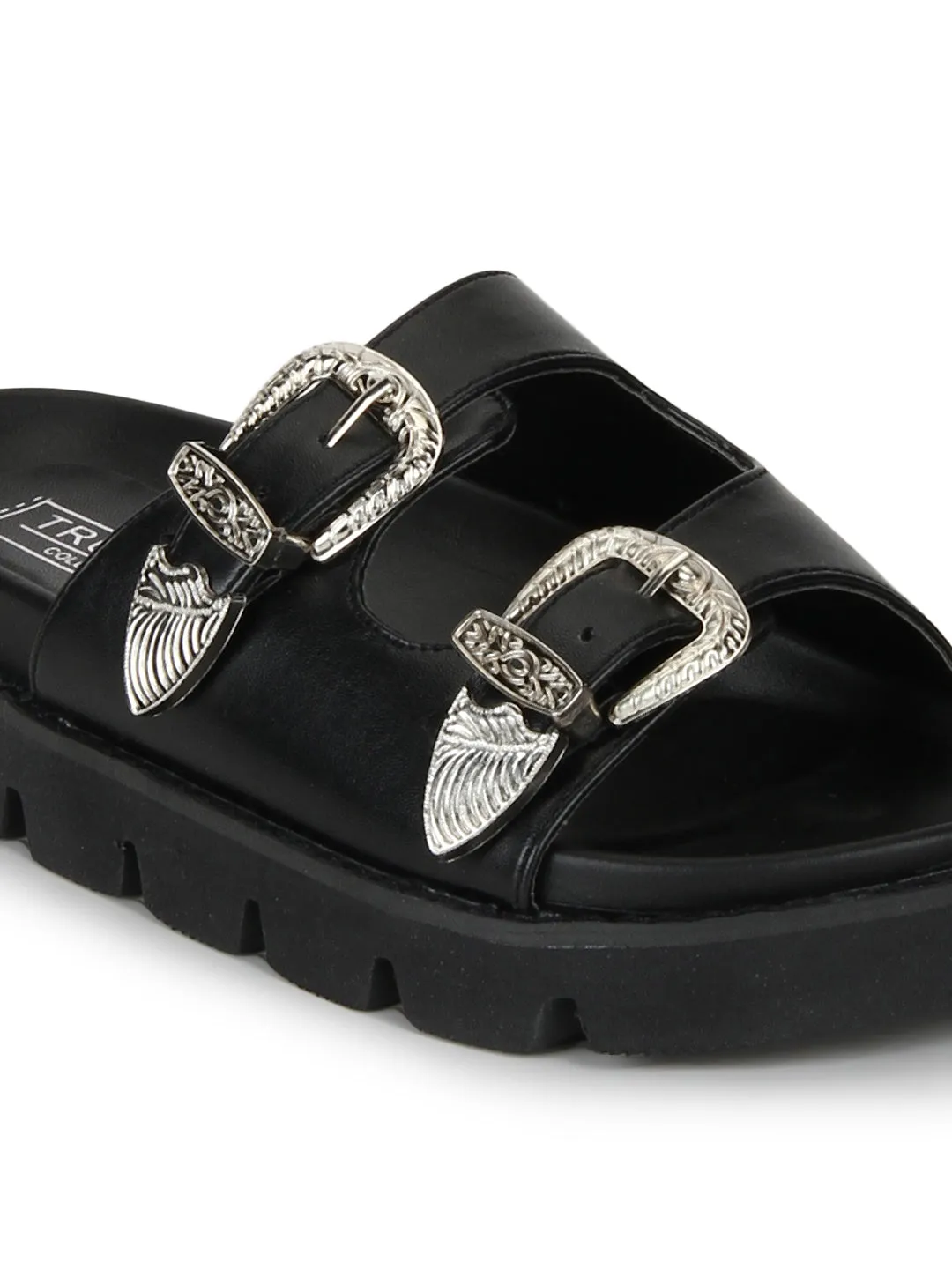 Black PU Double Buckle Strap Slip-On Cleated Flats