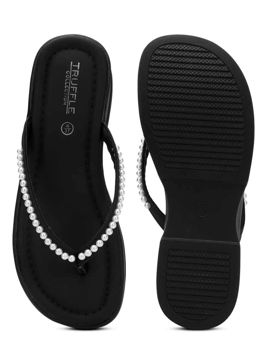 Black PU Pearl Slip-On Flats (TC-RS3598-BLK)