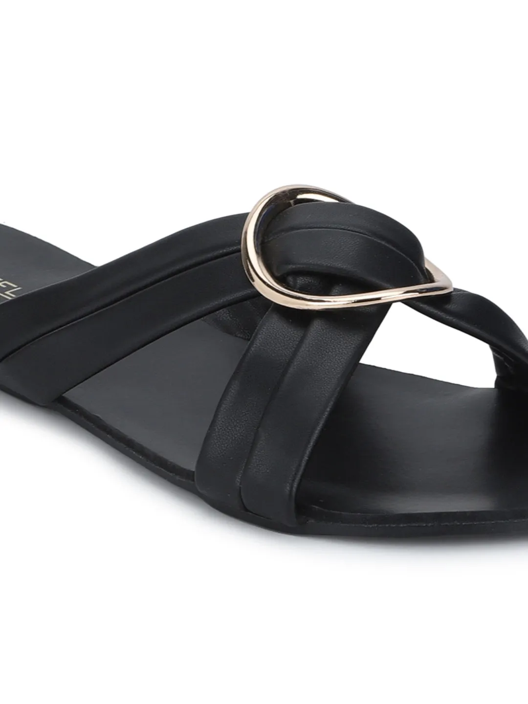 Black PU Twisted Strap Buckled Slip-on Flats