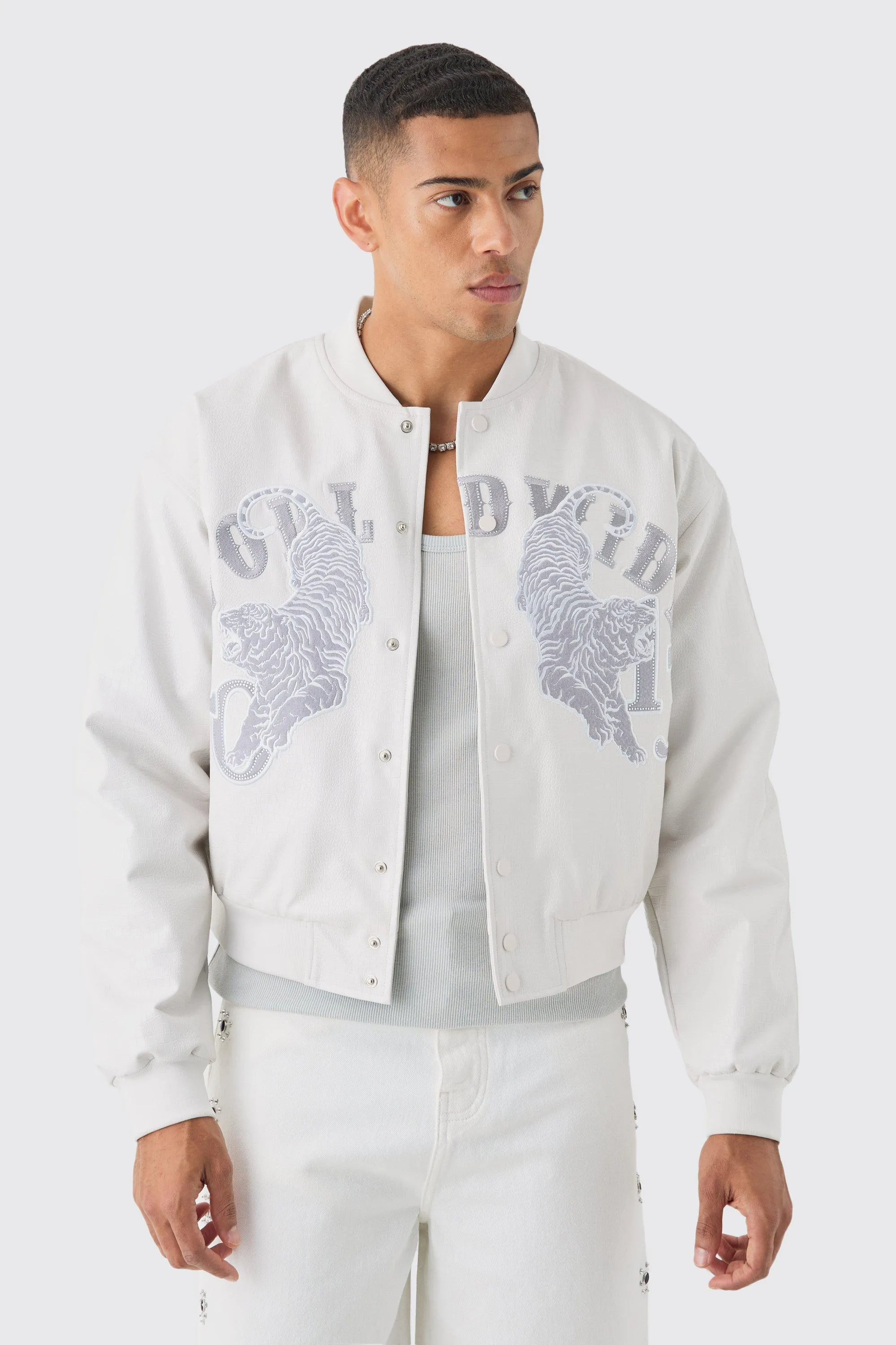 Boxy Worldwide Rhinestone Croc Pu Varsity Jacket In White