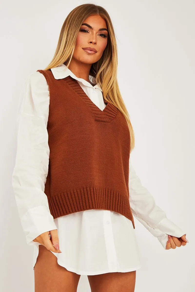 Camel Shirt Insert Knit Vest Top - Caris