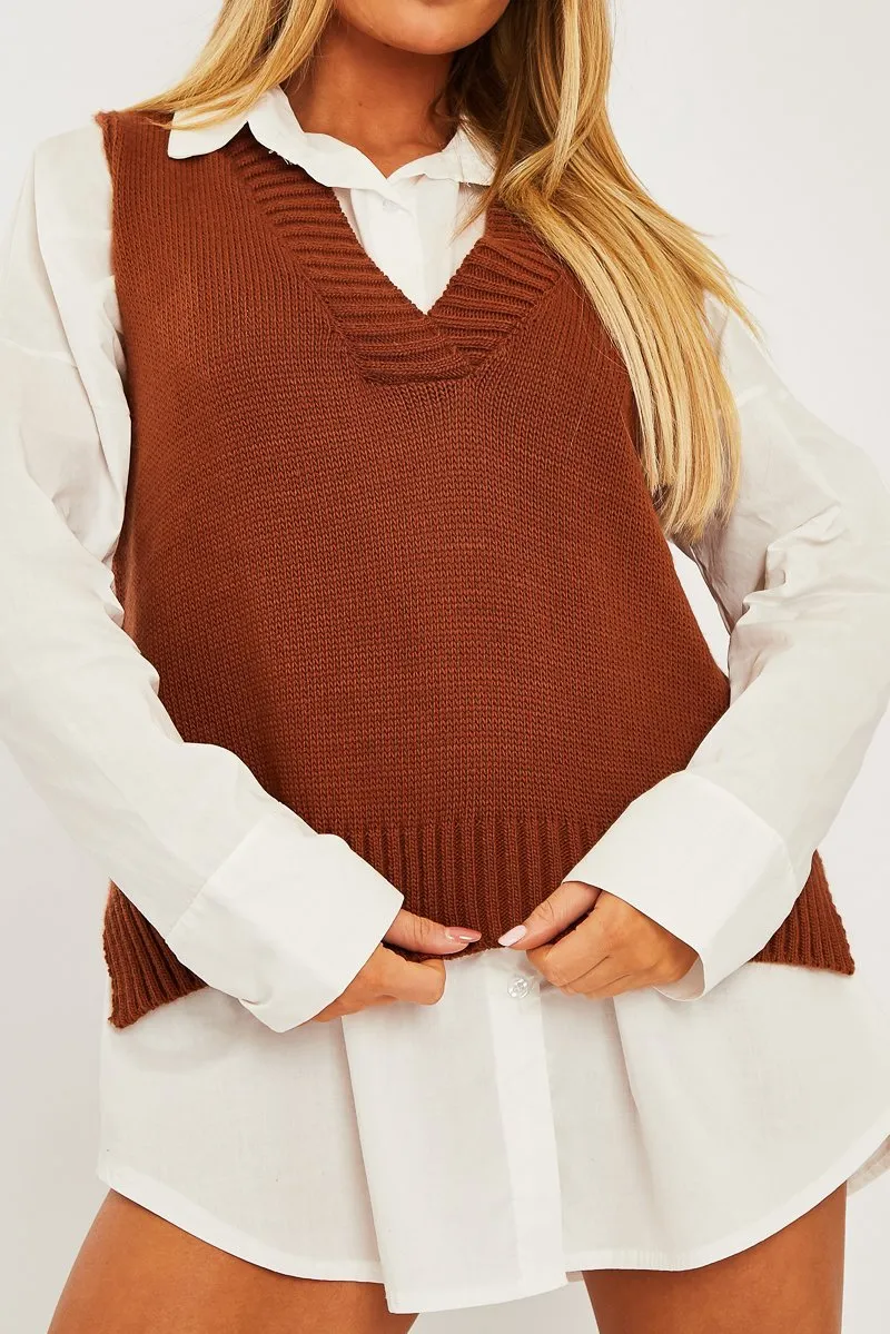 Camel Shirt Insert Knit Vest Top - Caris