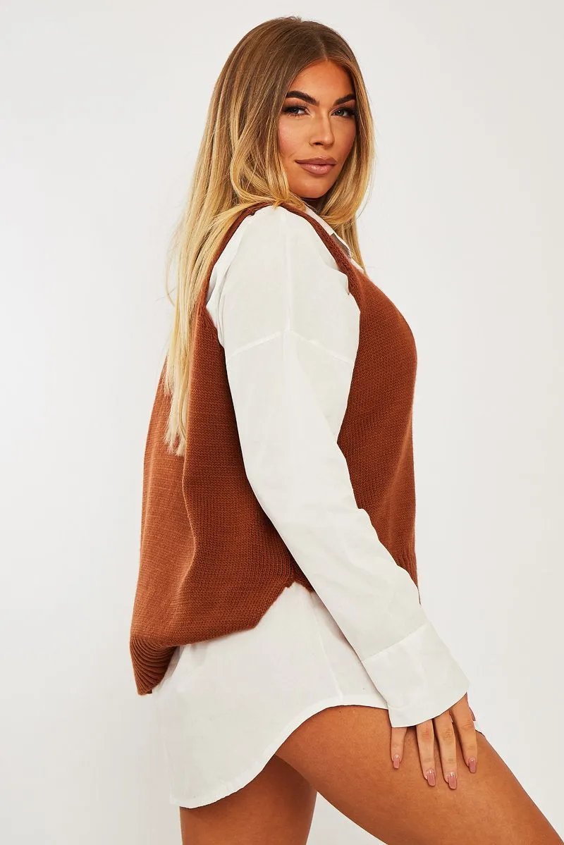 Camel Shirt Insert Knit Vest Top - Caris