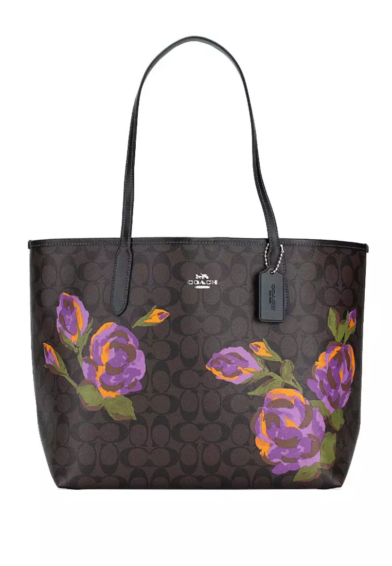 Coach Coach City Tote In Signature Canvas With Rose Print - Dark Brown/Multi