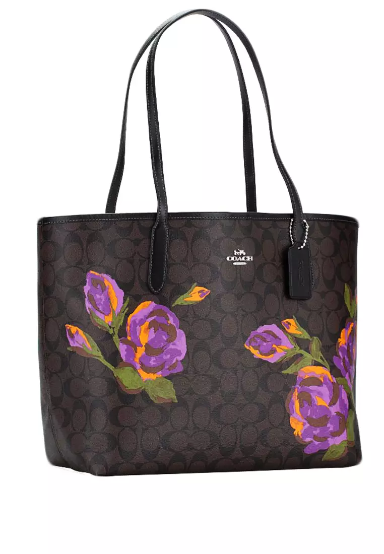 Coach Coach City Tote In Signature Canvas With Rose Print - Dark Brown/Multi