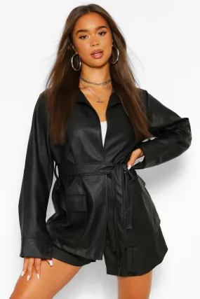 Collared Belted Faux Leather Jacket