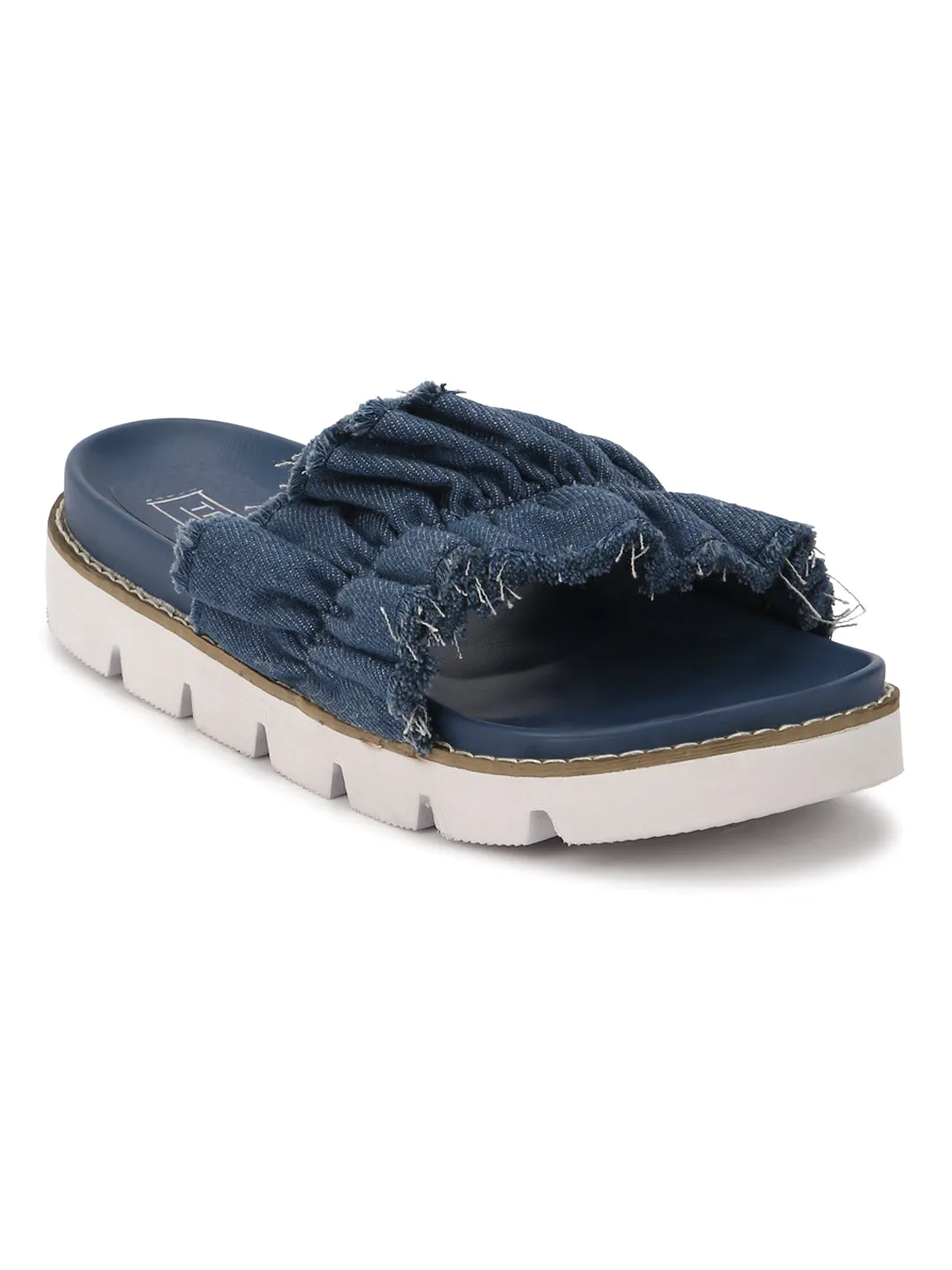 Denim Ruffled Slip-On Flats