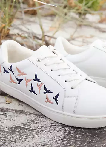 Ellie Embroidered Bird White Leather Trainers by Freestyle | Look Again