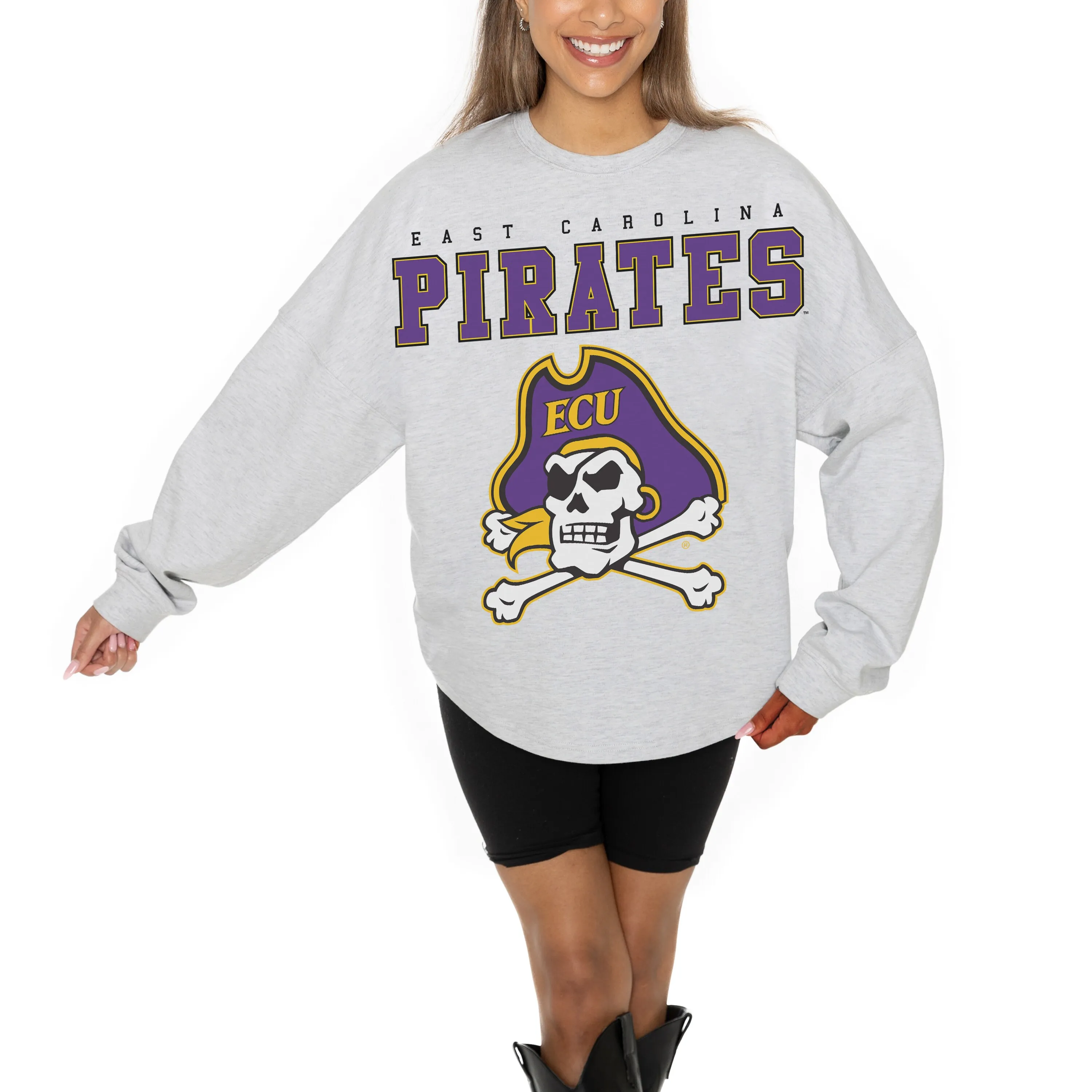 Gameday Couture ECU Pirates Women's Ash Big Goals Relaxed Fit French Terry Pullover Sweatshirt