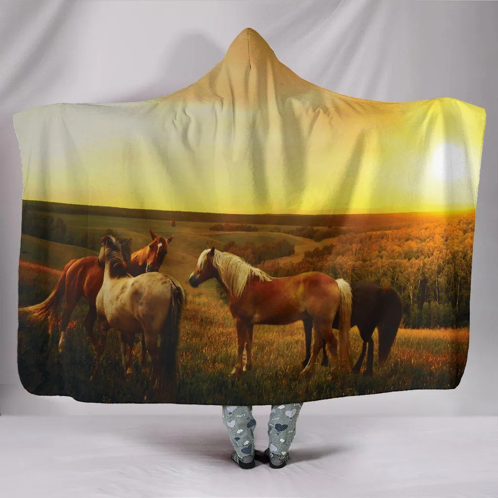 Horse Pasture Sunset Design Hooded Blanket