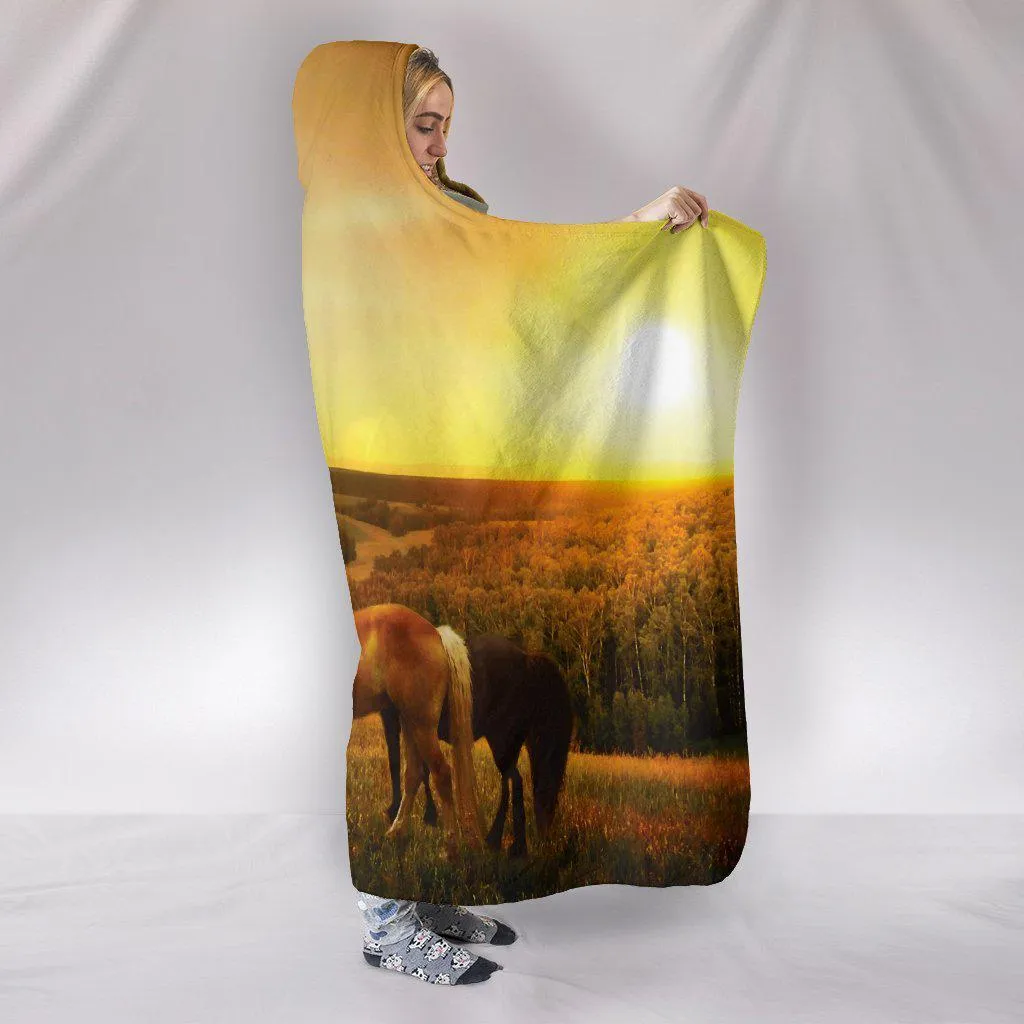 Horse Pasture Sunset Design Hooded Blanket