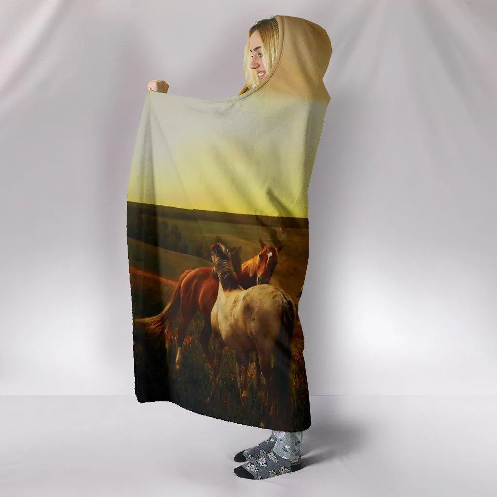 Horse Pasture Sunset Design Hooded Blanket