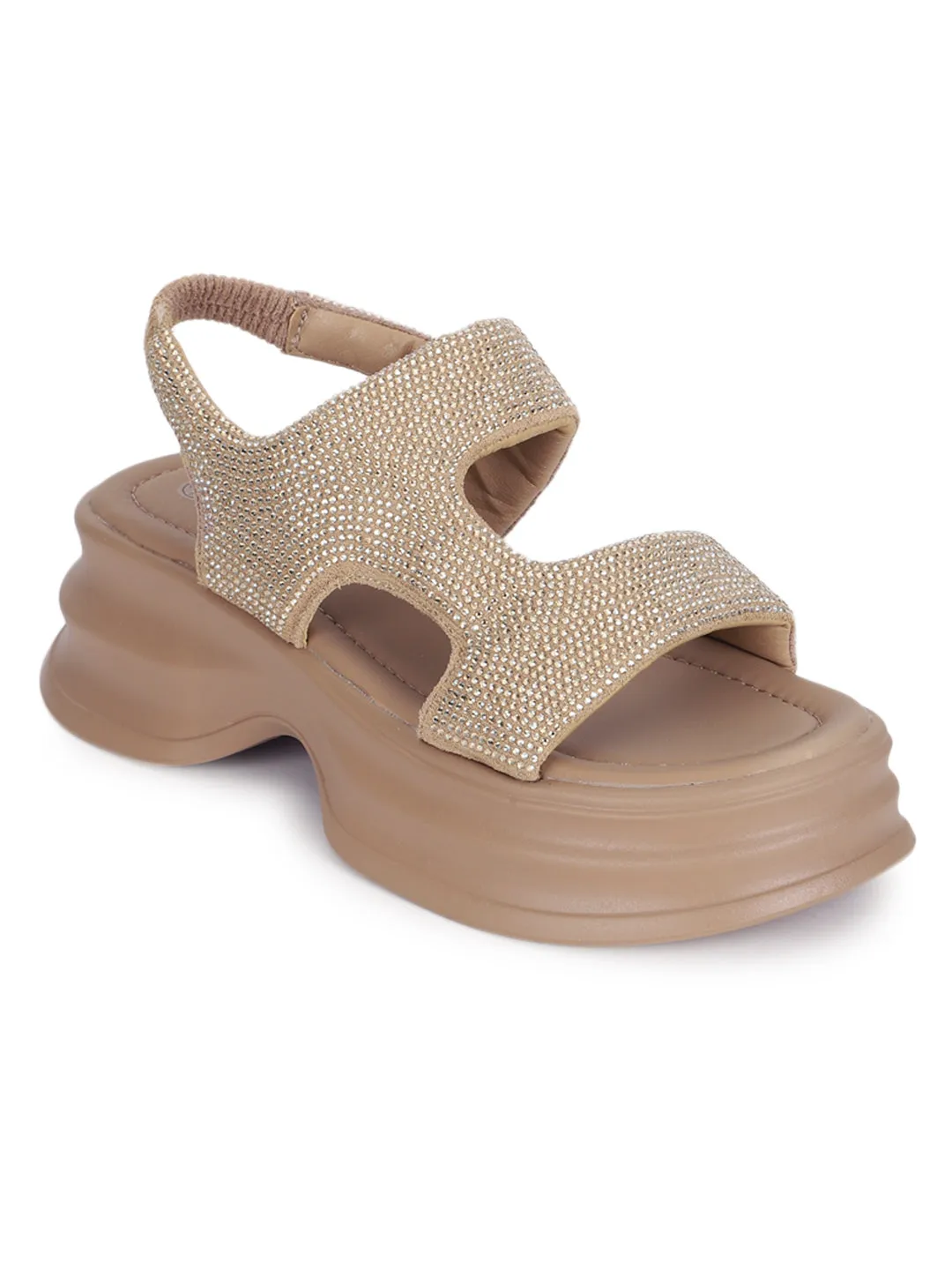 Khaki PU Diamonte Stylish Slip-On Flats (TC-RS3637-KHA)