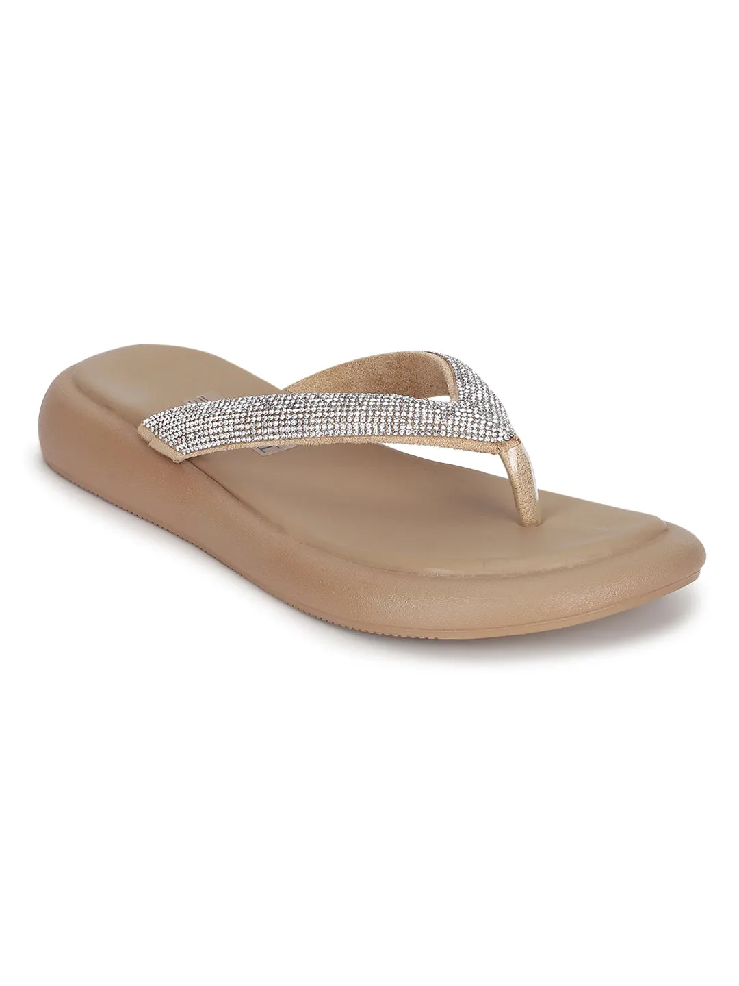 Khaki PU Embellished T-Strap Stylish Flats (TC-RS3639-KHA)