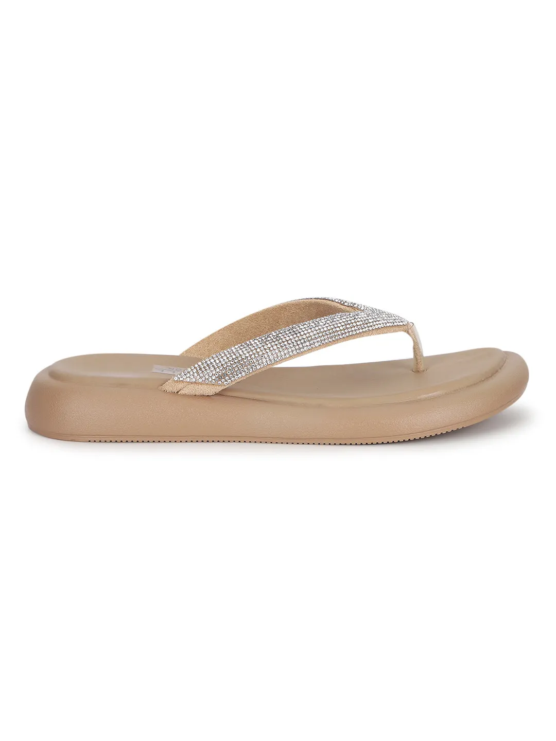 Khaki PU Embellished T-Strap Stylish Flats (TC-RS3639-KHA)