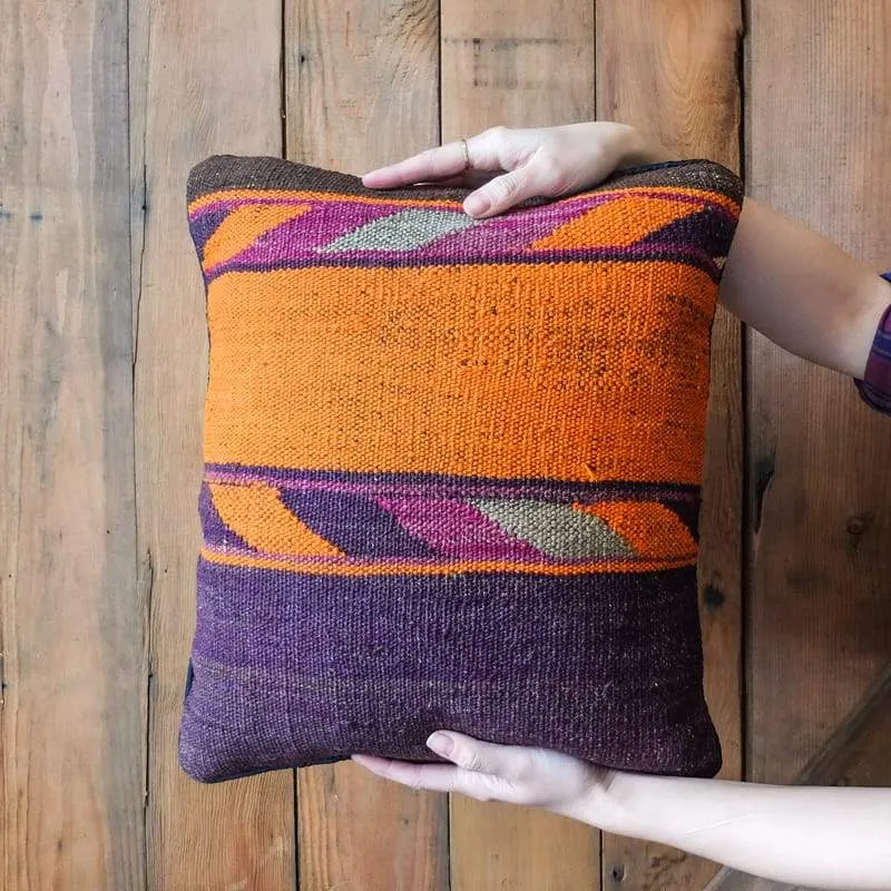 Kilim Pillow in Blocks of Orange, Aubergine and Grey