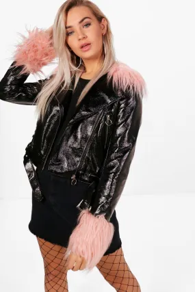 Leanne Patent Pu Faux Fur Collar & Cuff Moto Jacket