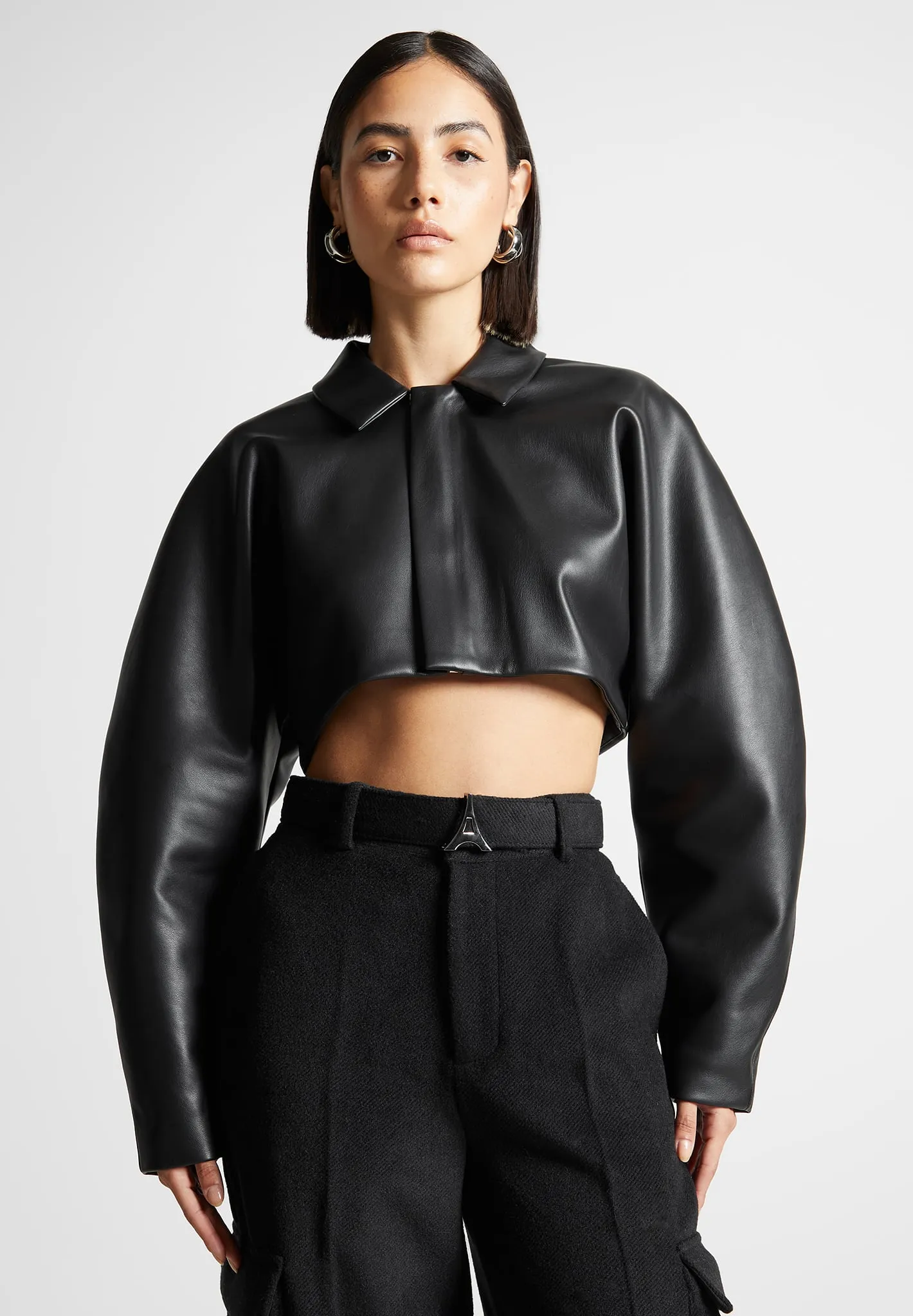 Leather Super Cropped Jacket  - Black