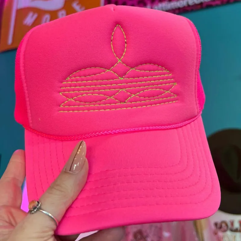 Online Exclusive | Neon Green Boot Stitch Foam Trucker Cap in Solid Neon Pink