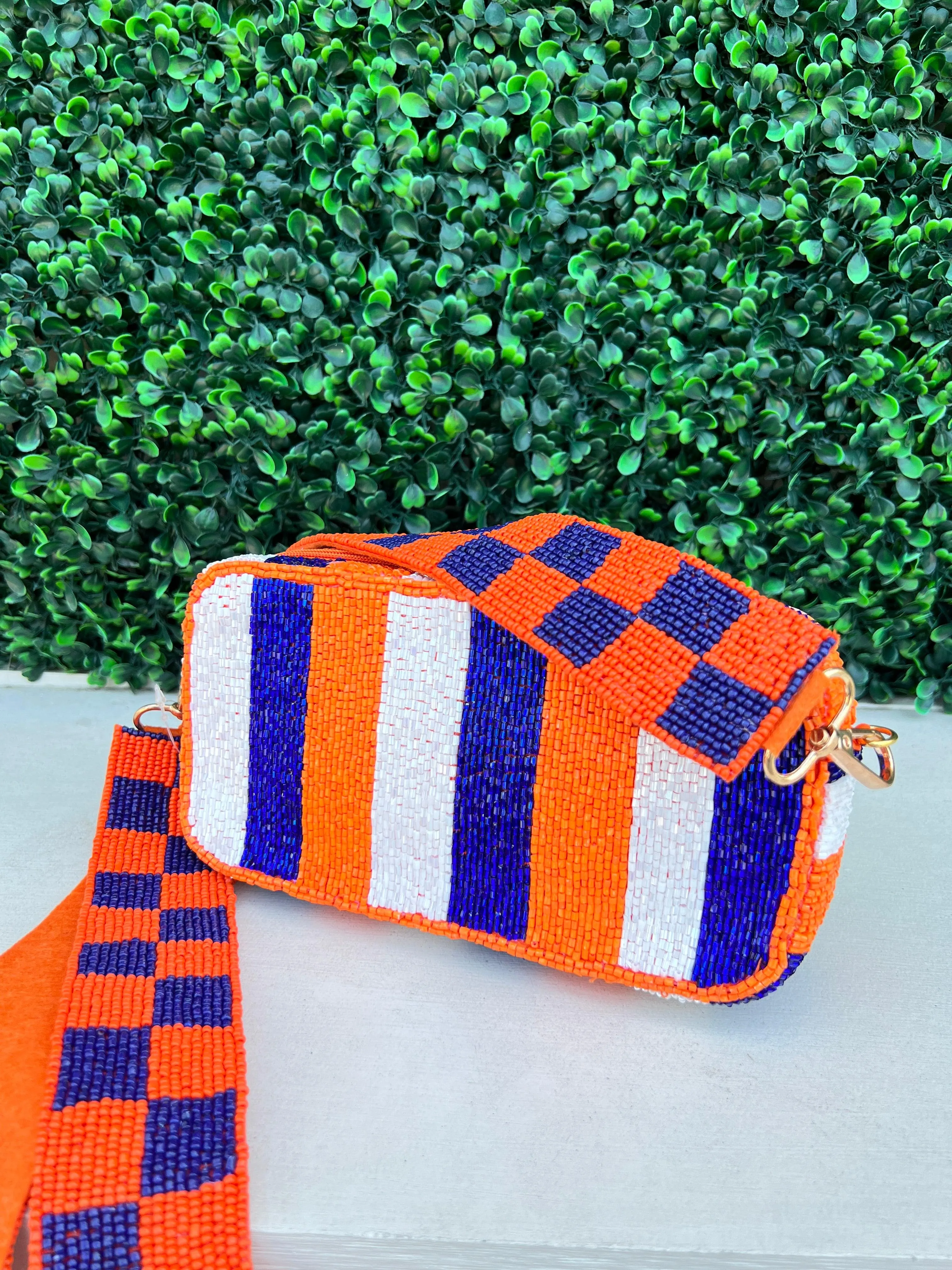 Orange White and Blue Beaded Crossbody