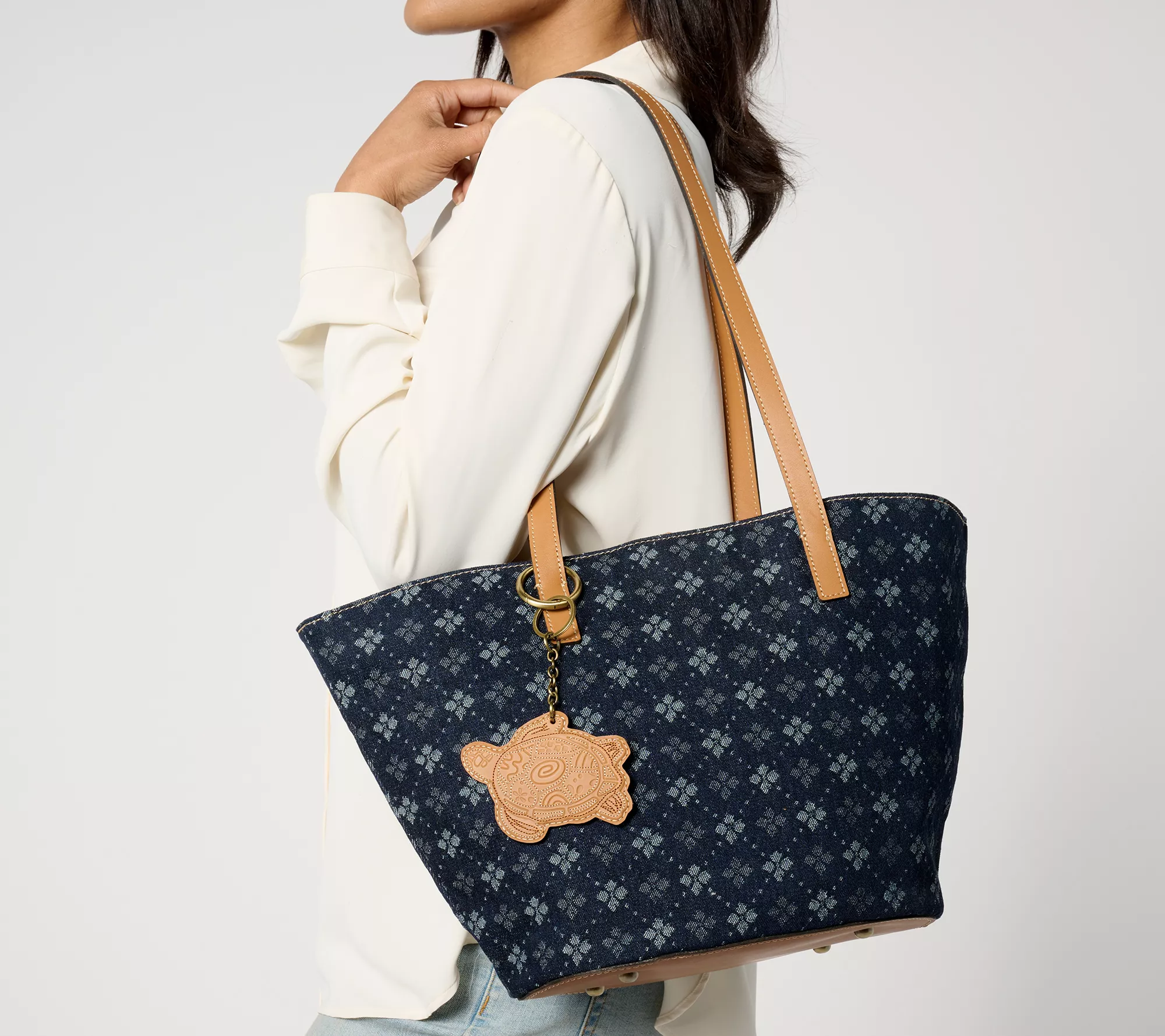 Patricia Nash Denim Marconia Tote with Leather Trim & Turtle Key Fob