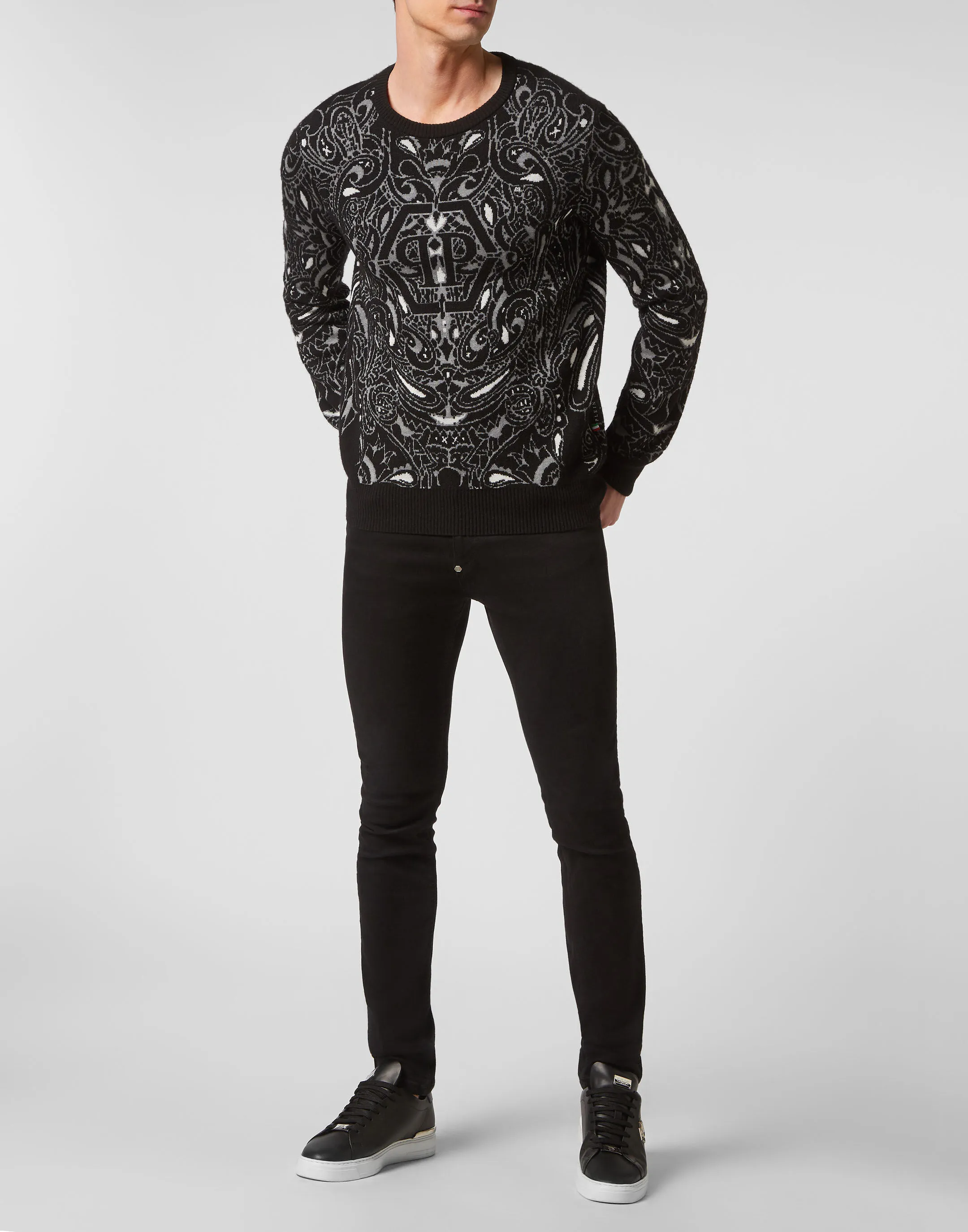 PHILIPP PLEIN Cashmere & Silk Pullover Round Neck LS Paisley Bandana