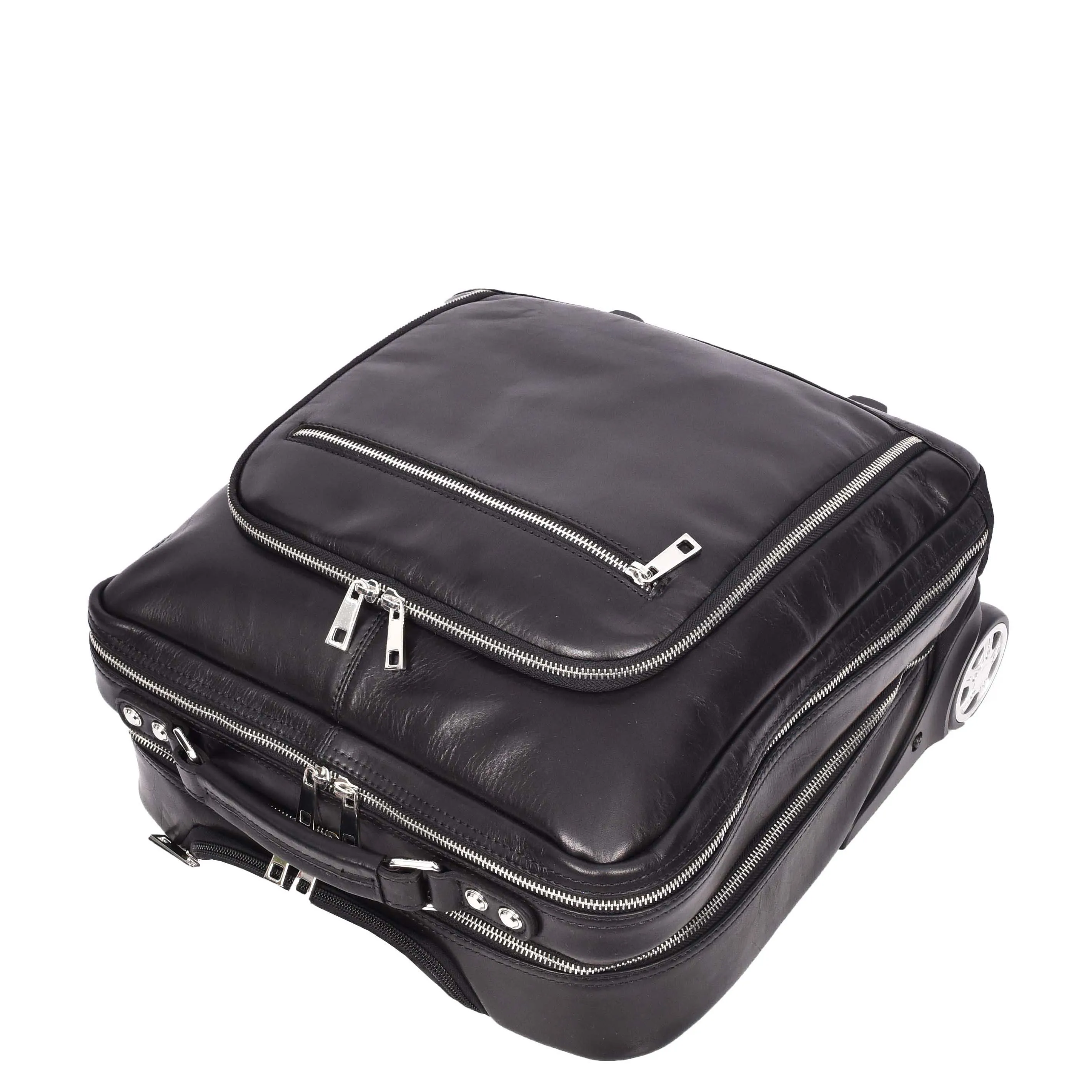 Real Leather Pilot Case Wheels Telescopic Handle for Business Travel Bag Sussex Black