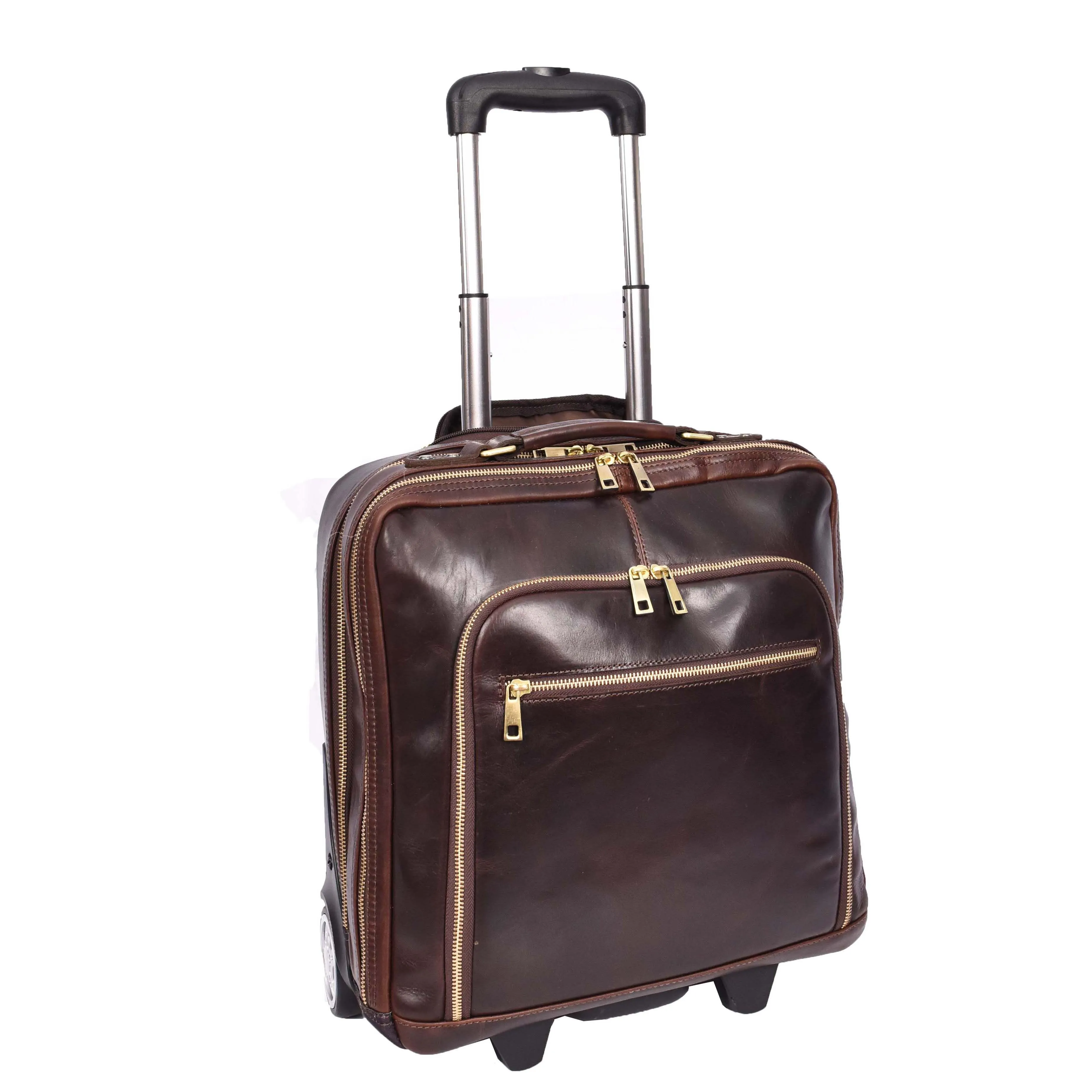 Real Leather Pilot Case Wheels Telescopic Handle for Business Travel Bag Sussex Brown