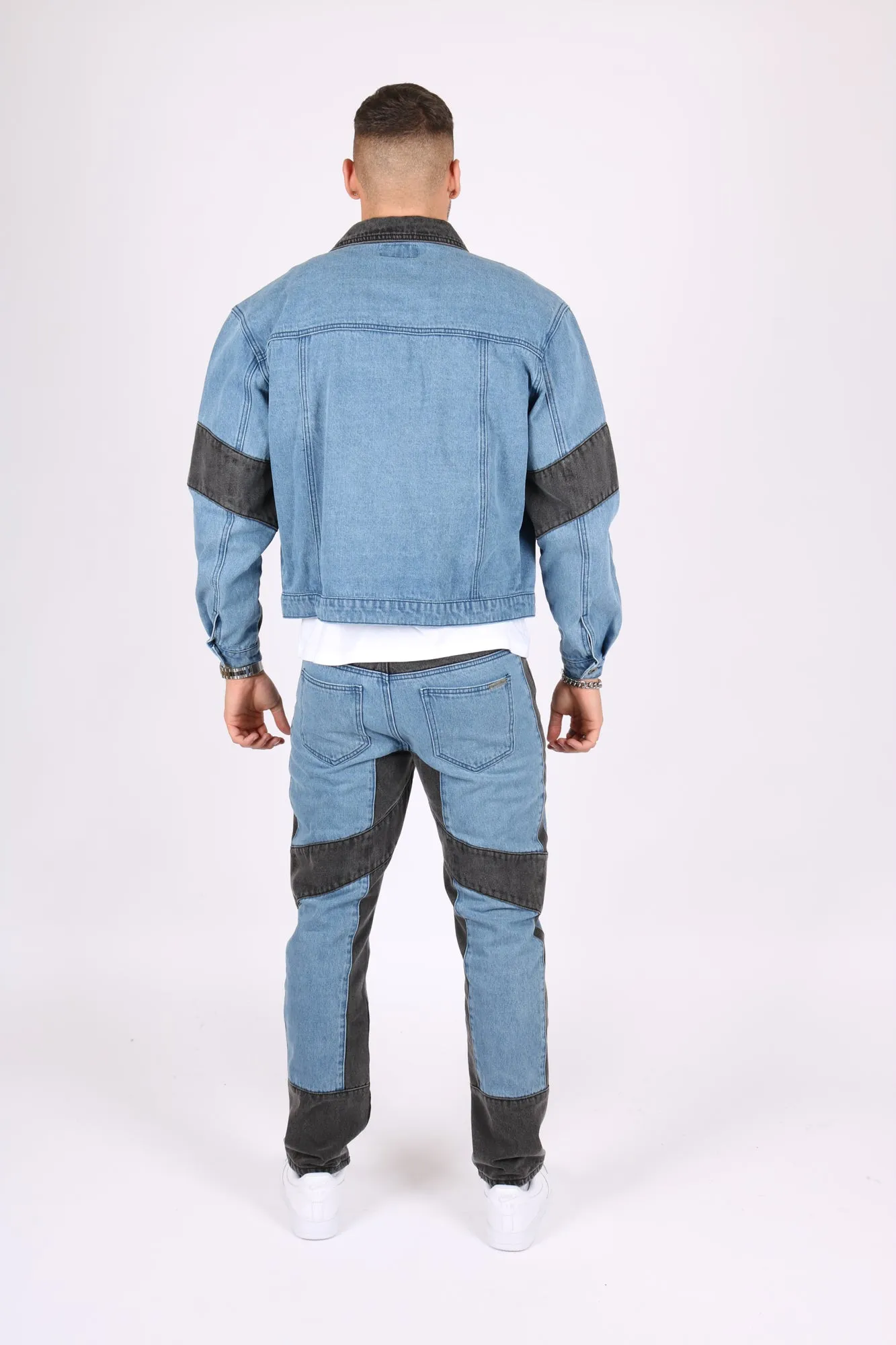 Ryda Blue & Black Oversized Motorbiker Panel-Work Denim Jacket