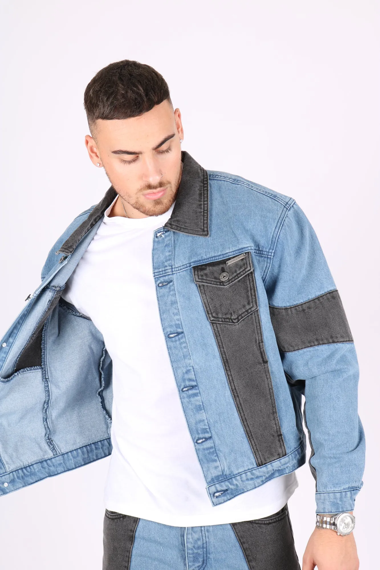 Ryda Blue & Black Oversized Motorbiker Panel-Work Denim Jacket