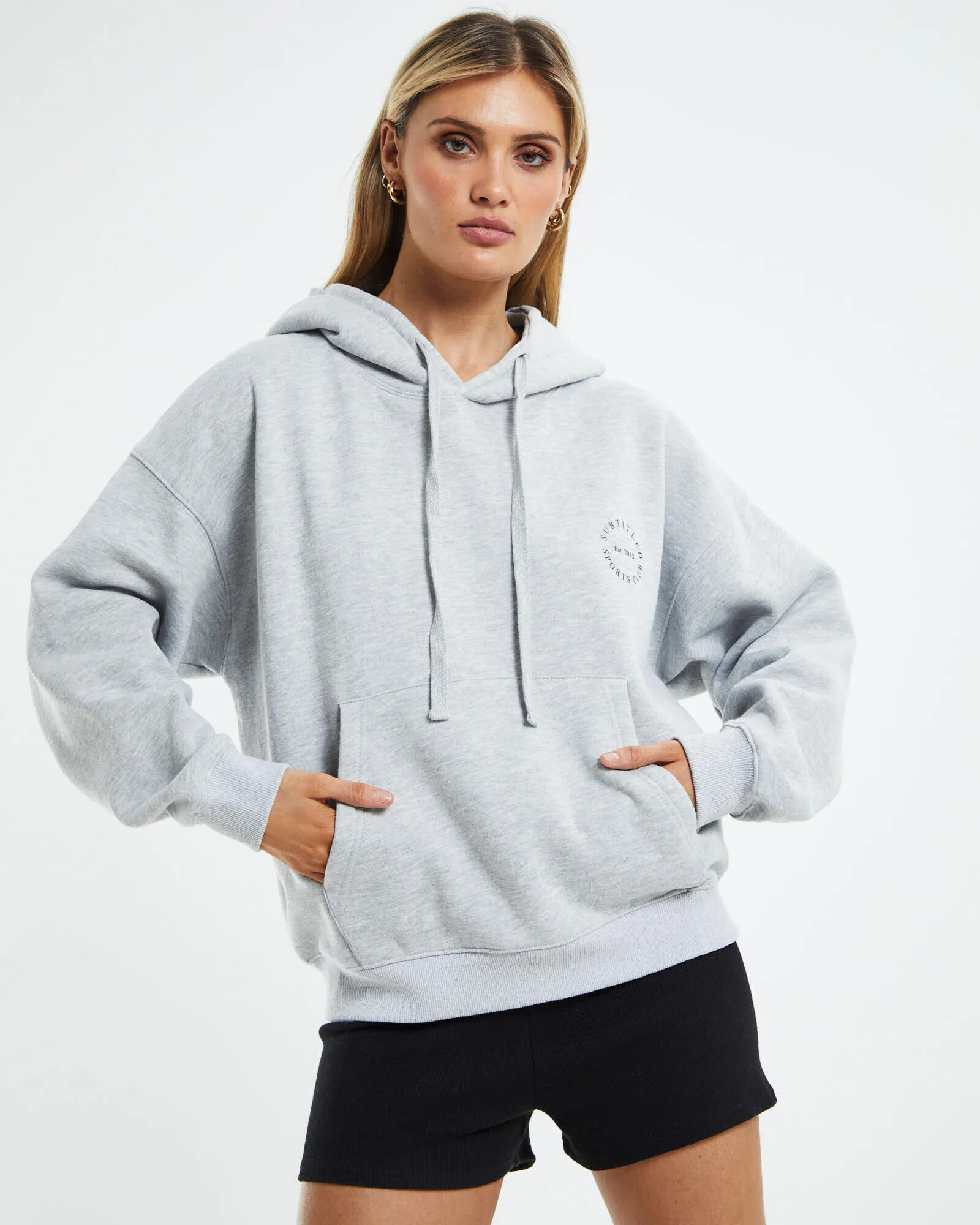 Subtitled Pocket Front Oversized Hoodie Grey Marle