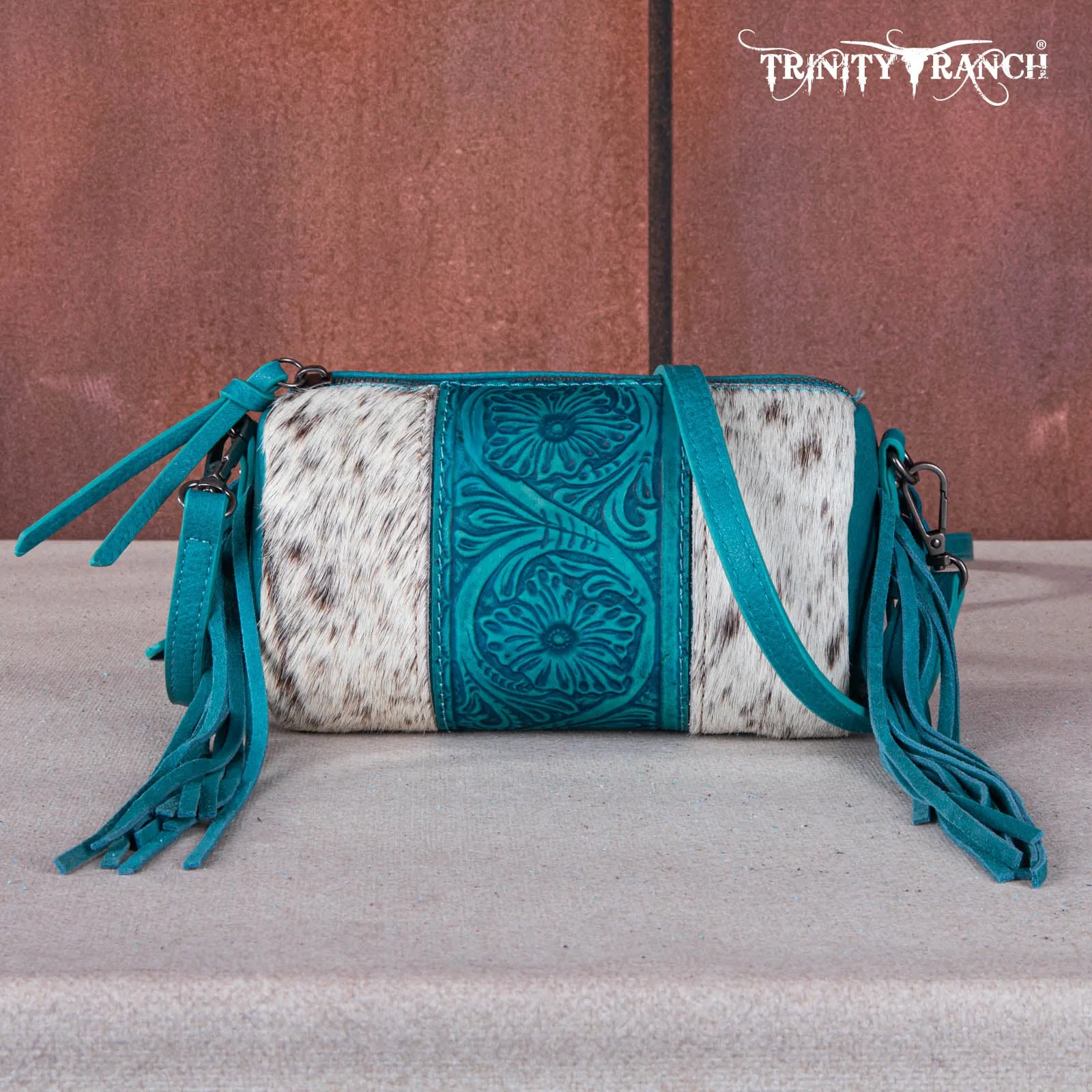 TR159-154  Trinity Ranch Genuine Hair-On Cowhide /Tooled Fringe Collection Barrel Crossbody