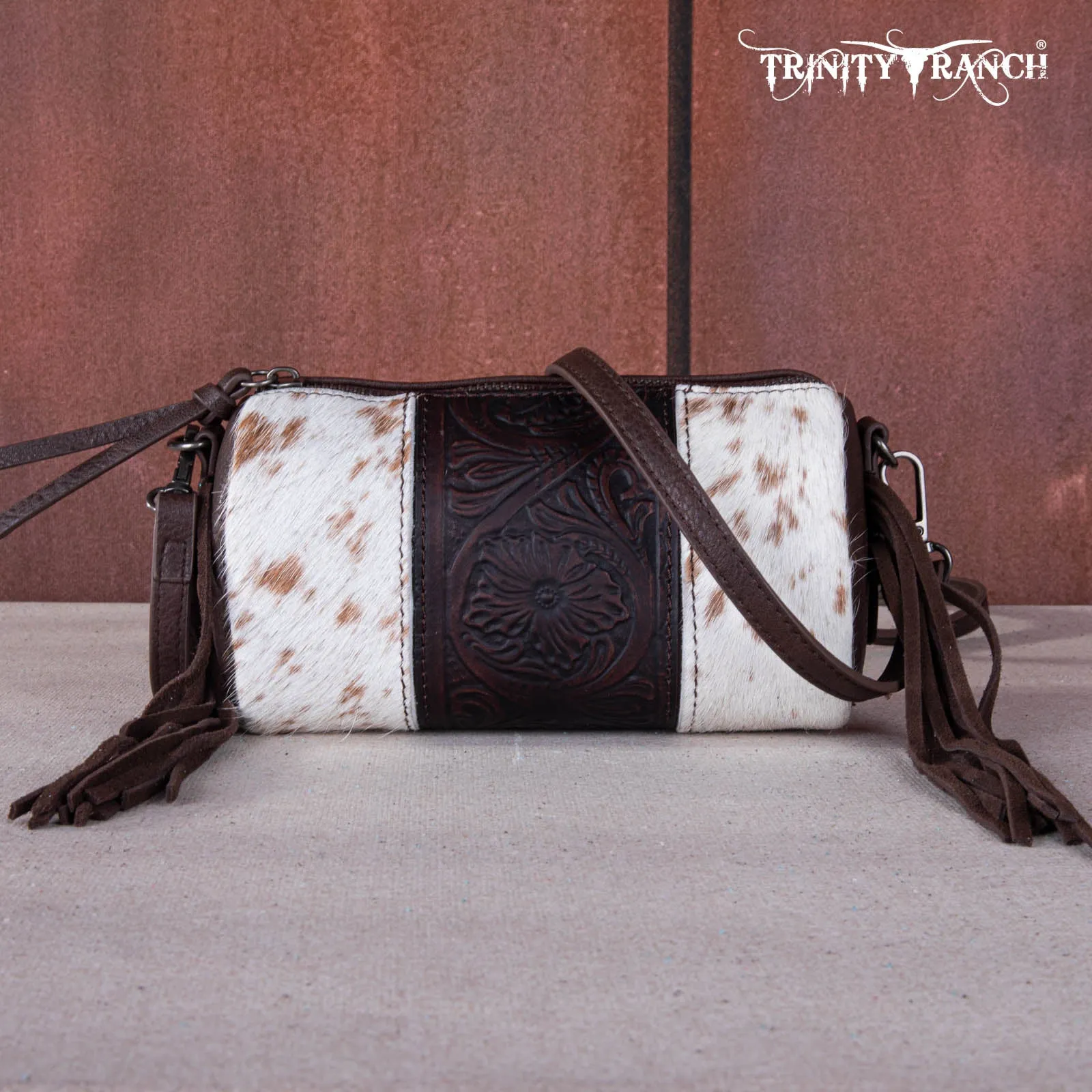 TR159-154  Trinity Ranch Genuine Hair-On Cowhide /Tooled Fringe Collection Barrel Crossbody