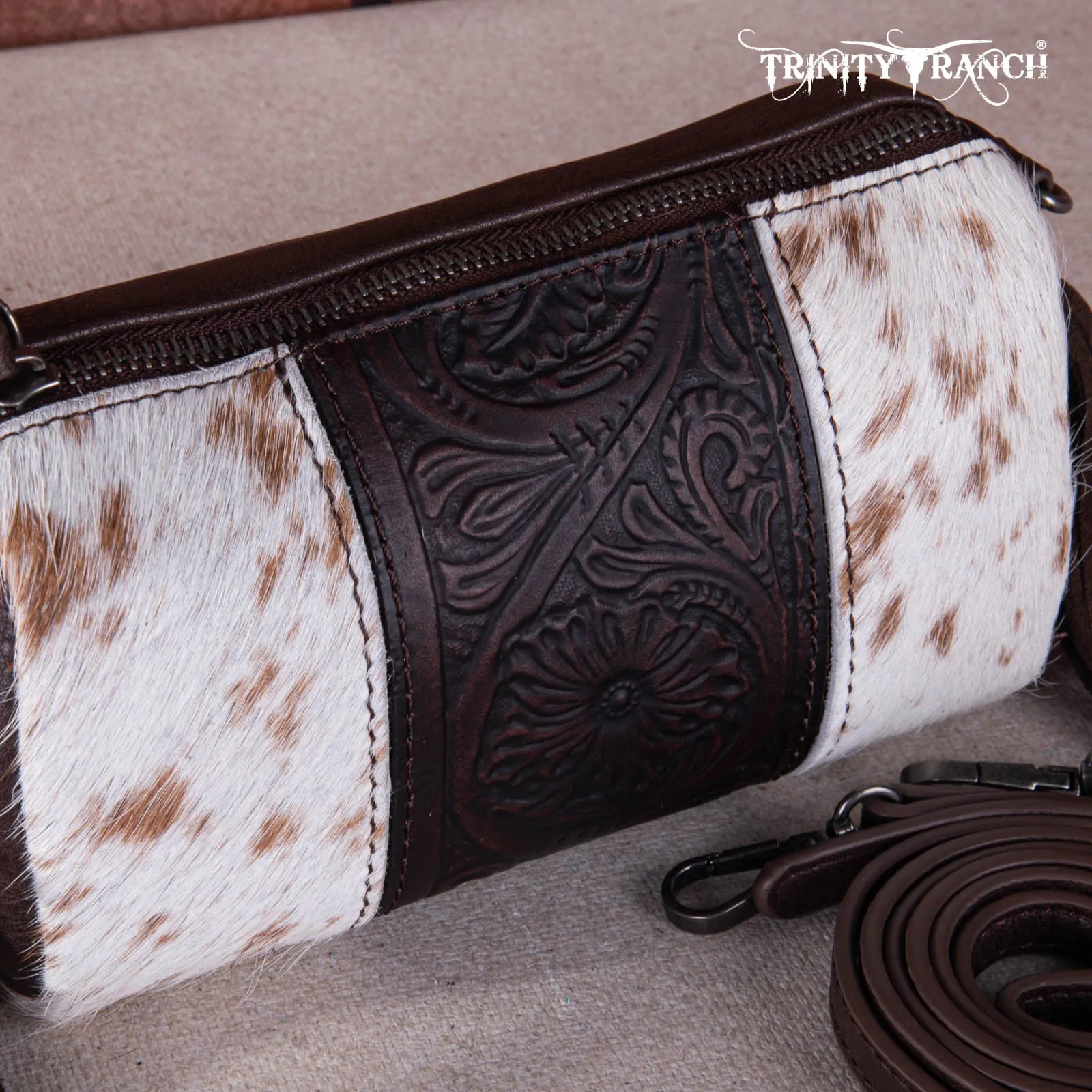 TR159-154  Trinity Ranch Genuine Hair-On Cowhide /Tooled Fringe Collection Barrel Crossbody