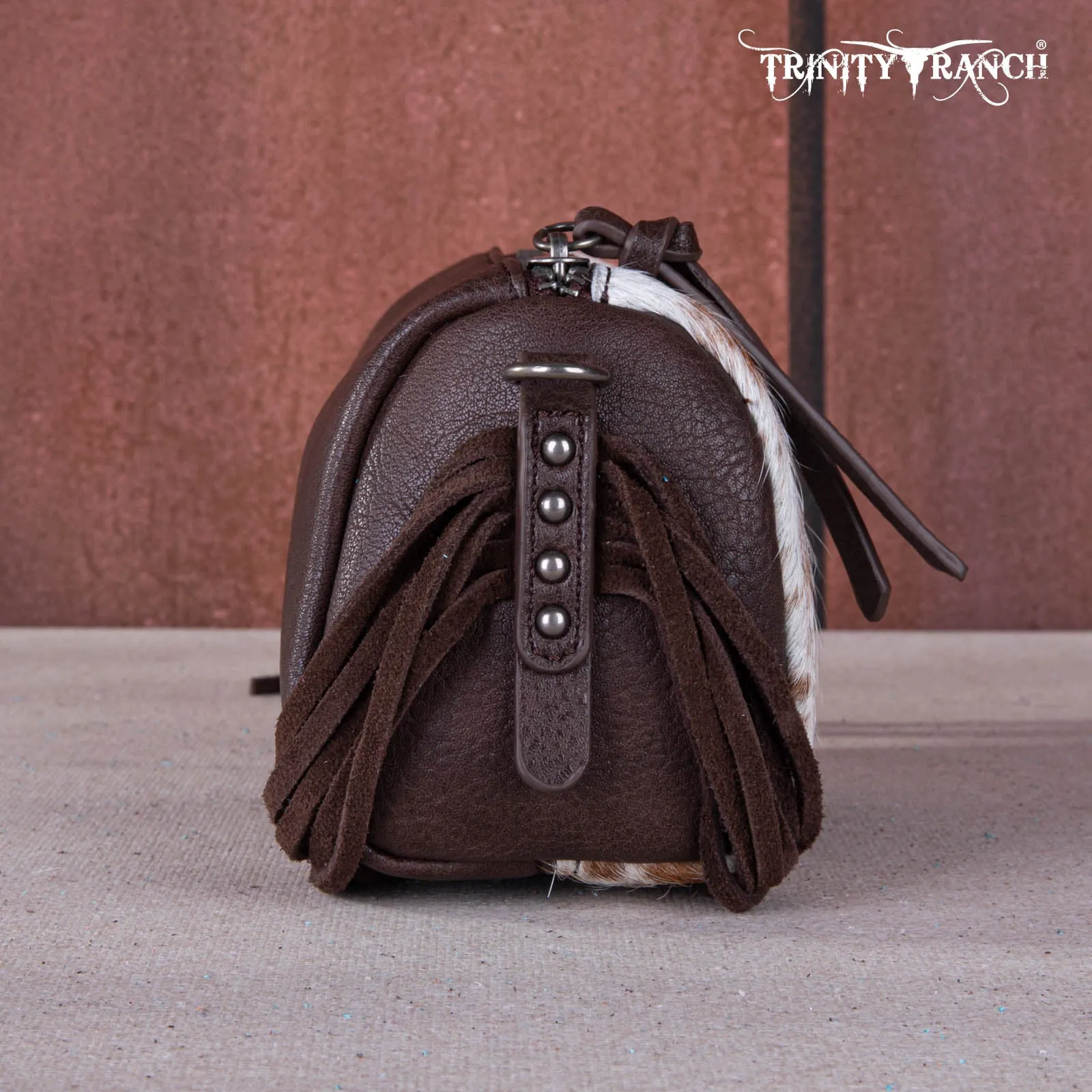 TR159-154  Trinity Ranch Genuine Hair-On Cowhide /Tooled Fringe Collection Barrel Crossbody