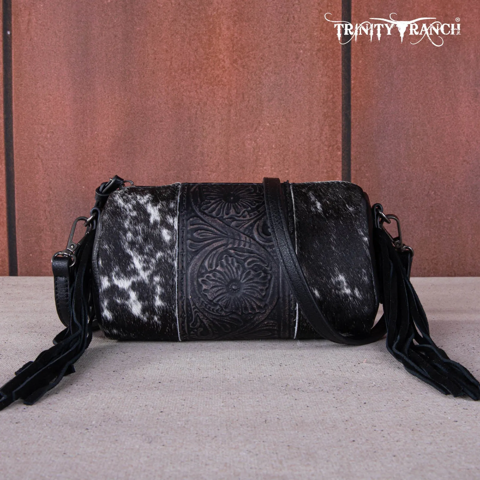 TR159-154  Trinity Ranch Genuine Hair-On Cowhide /Tooled Fringe Collection Barrel Crossbody