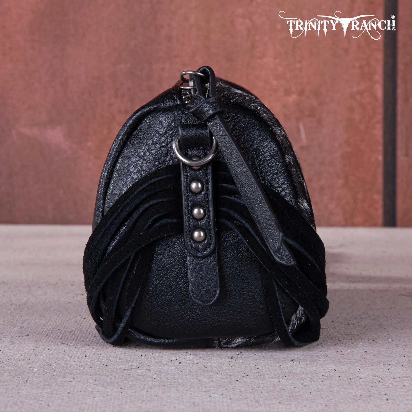 TR159-154  Trinity Ranch Genuine Hair-On Cowhide /Tooled Fringe Collection Barrel Crossbody