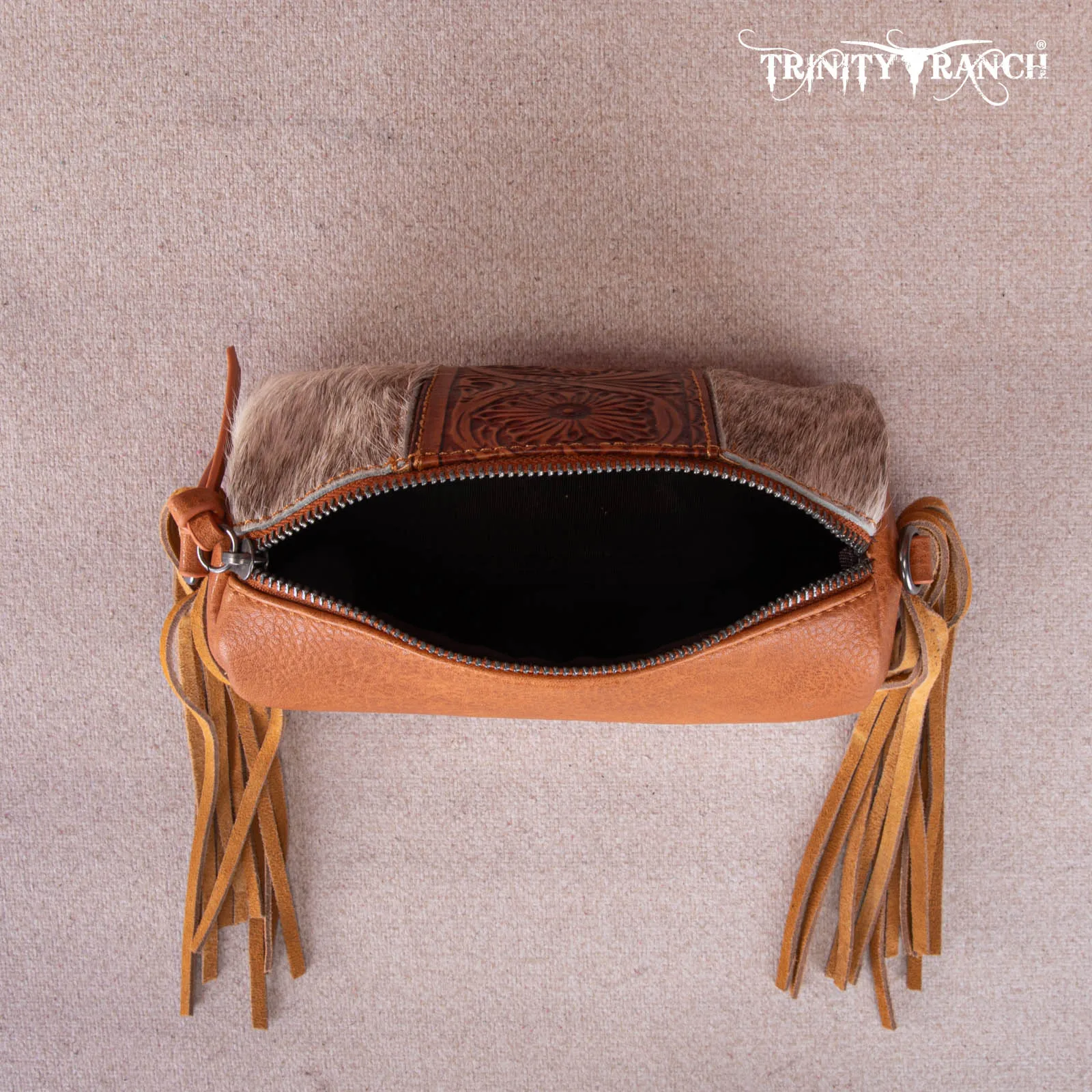 TR159-154  Trinity Ranch Genuine Hair-On Cowhide /Tooled Fringe Collection Barrel Crossbody