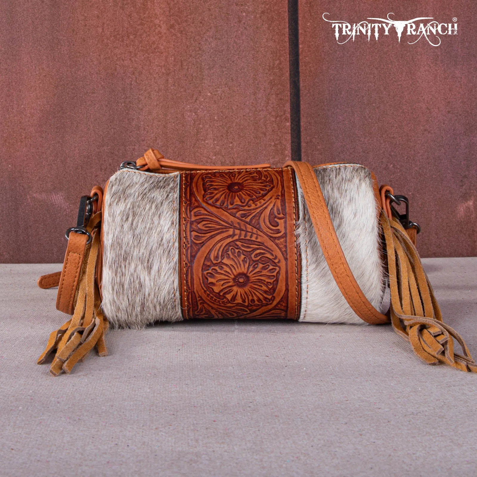 TR159-154  Trinity Ranch Genuine Hair-On Cowhide /Tooled Fringe Collection Barrel Crossbody