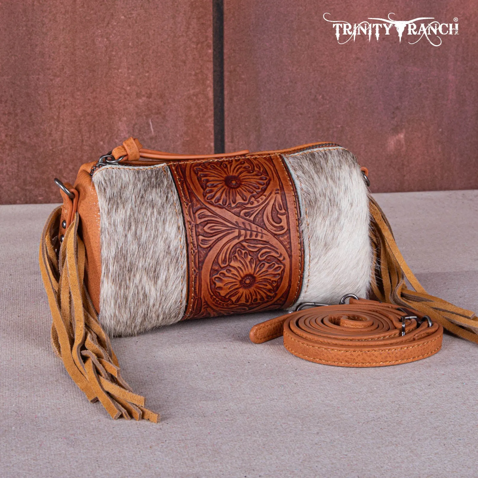 TR159-154  Trinity Ranch Genuine Hair-On Cowhide /Tooled Fringe Collection Barrel Crossbody