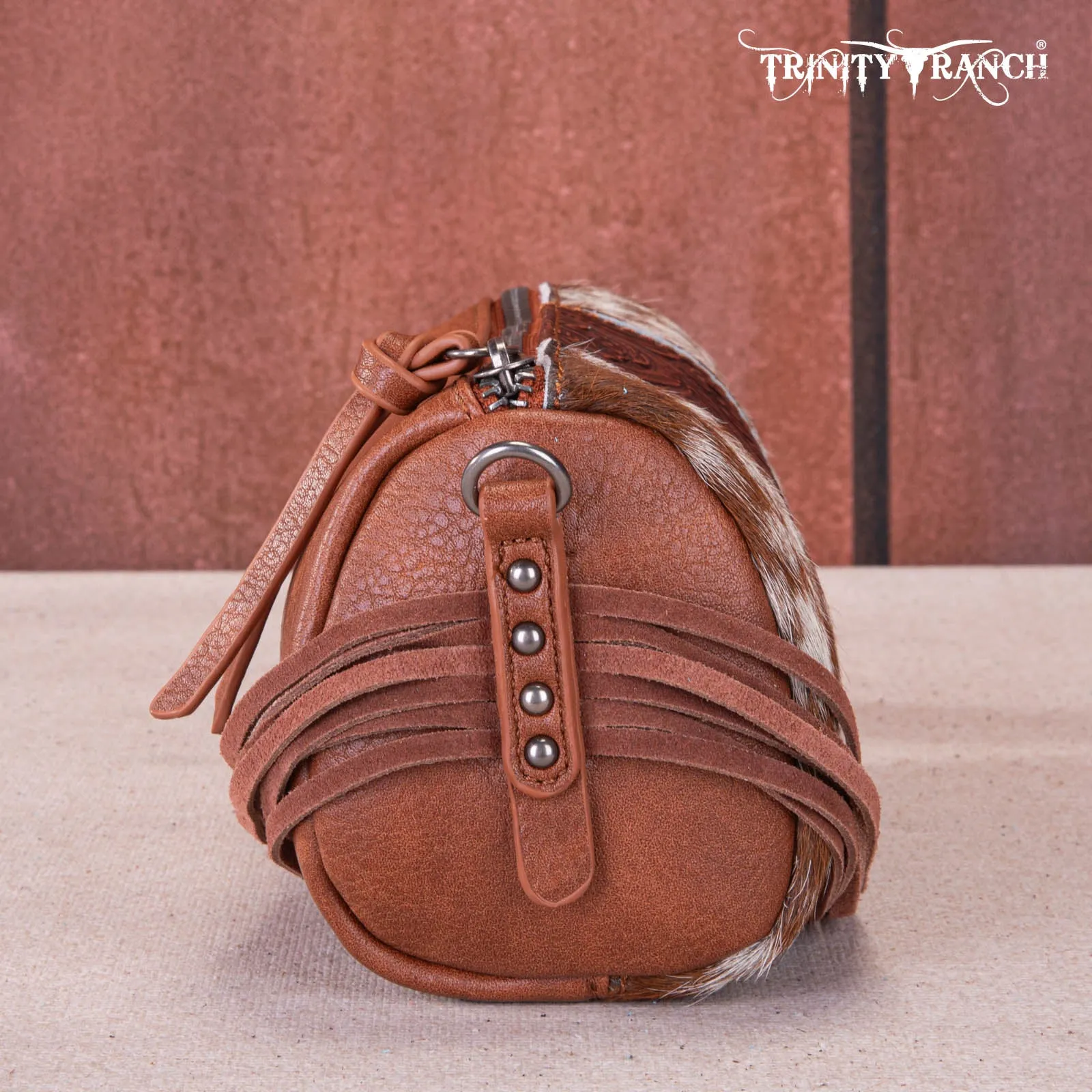 TR159-154  Trinity Ranch Genuine Hair-On Cowhide /Tooled Fringe Collection Barrel Crossbody