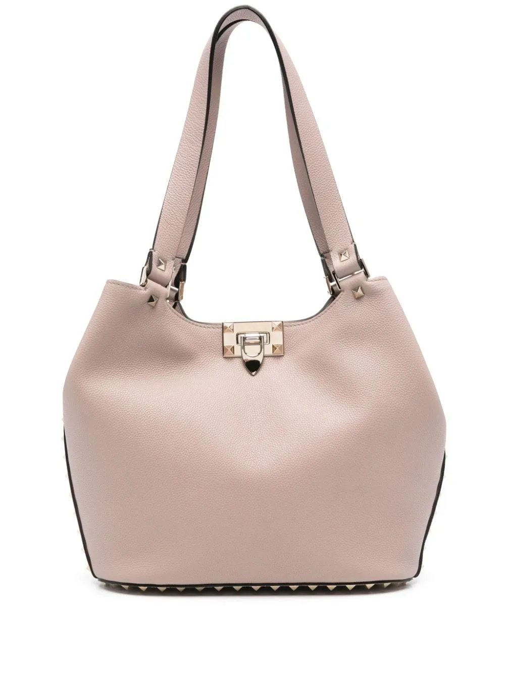 VALENTINO GARAVANI Powder Pink Pebbled Leather Tote with Gold-Tone Rockstud Detailing and Clasp Closure