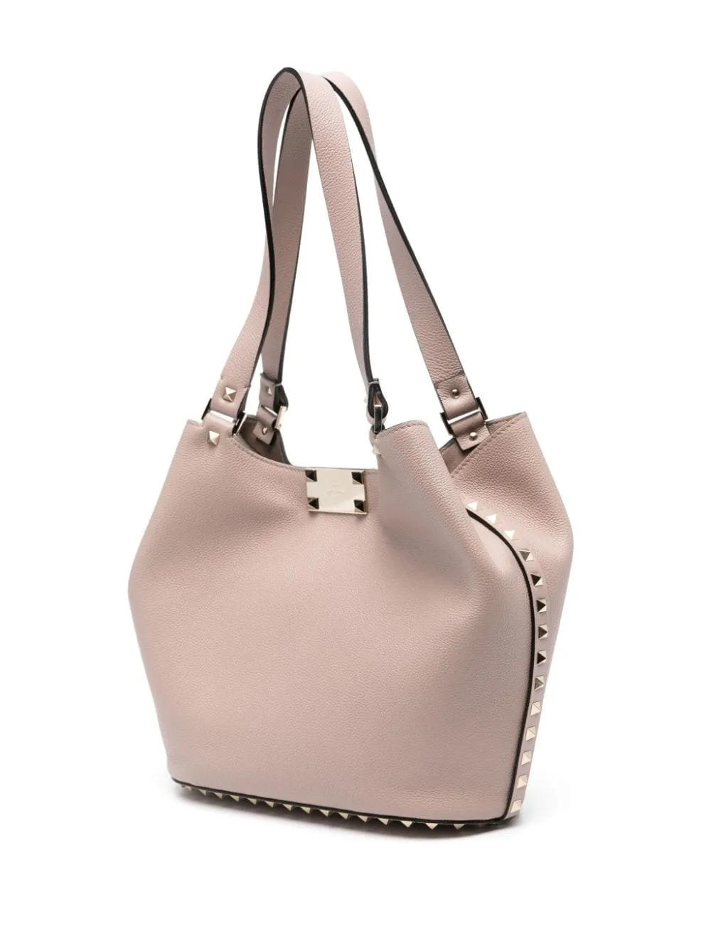 VALENTINO GARAVANI Powder Pink Pebbled Leather Tote with Gold-Tone Rockstud Detailing and Clasp Closure