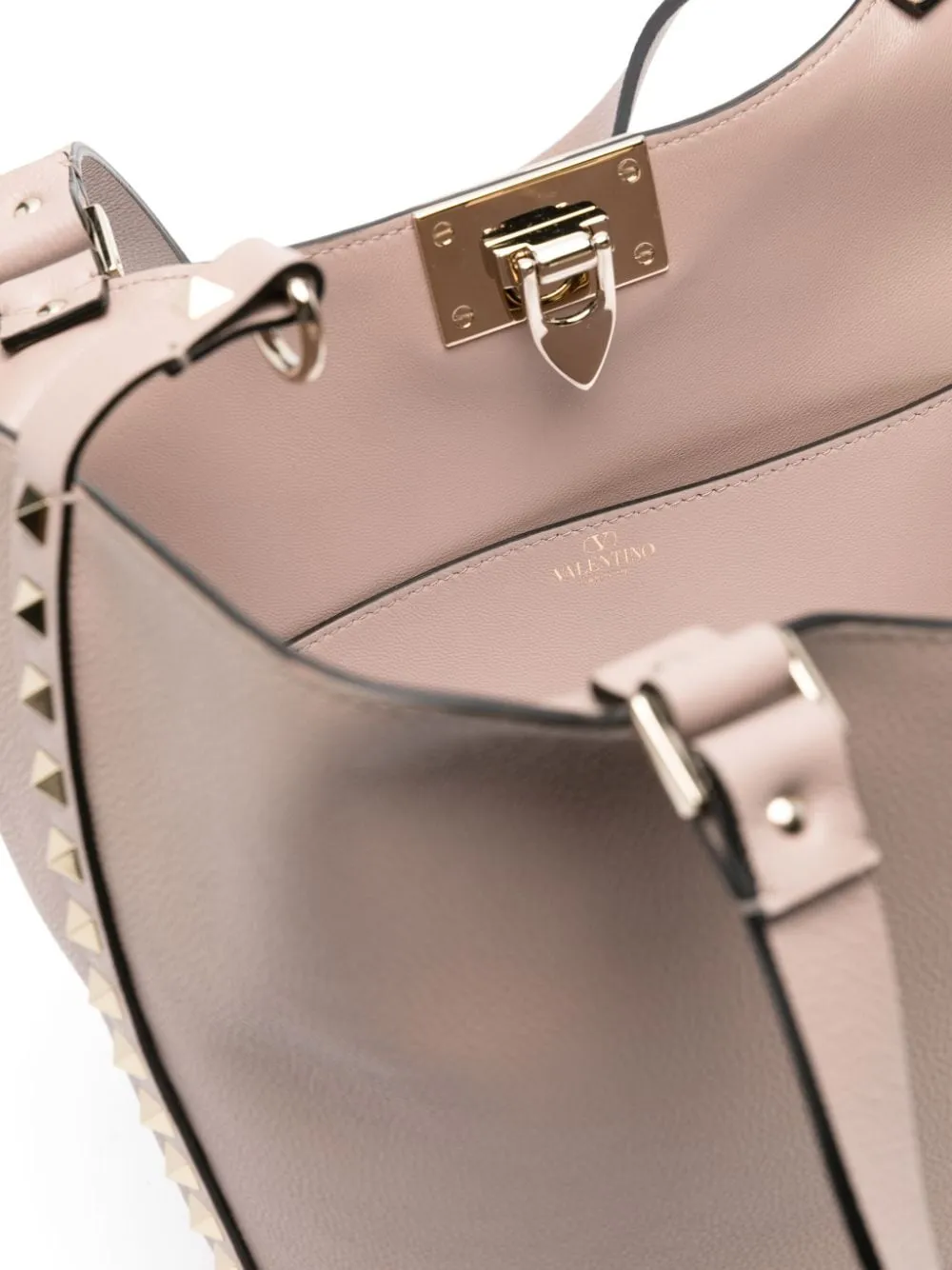 VALENTINO GARAVANI Powder Pink Pebbled Leather Tote with Gold-Tone Rockstud Detailing and Clasp Closure