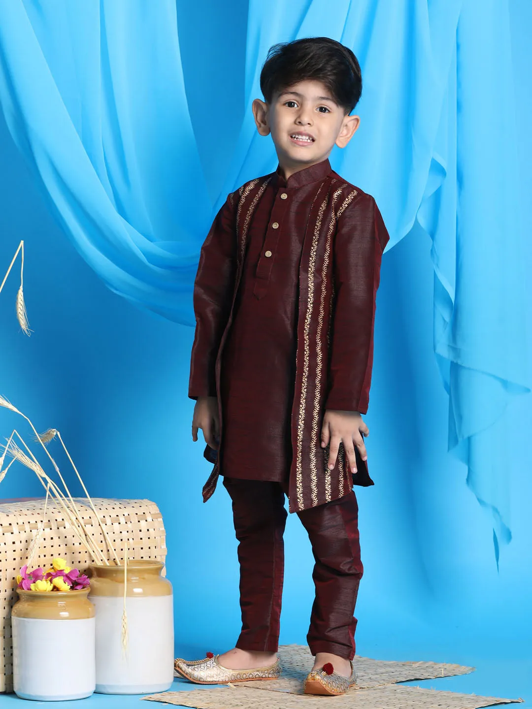 Vastramay Boys' Wine Jacket Style Kurta And Pyjama Set