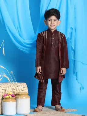 Vastramay Boys' Wine Jacket Style Kurta And Pyjama Set