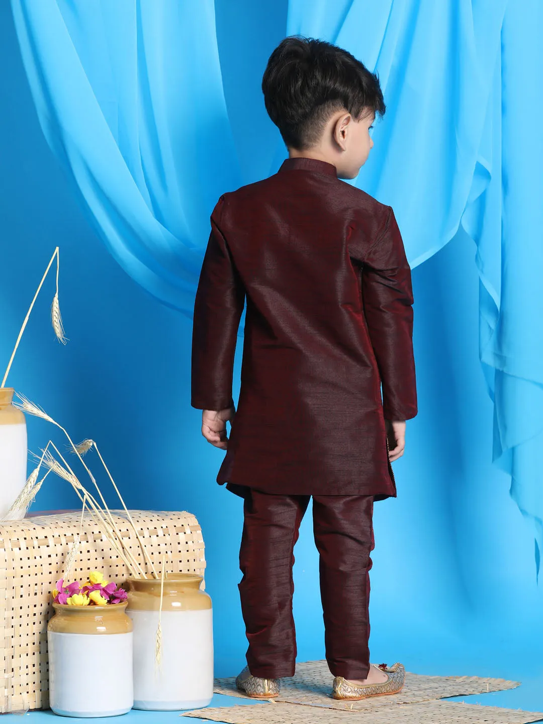 Vastramay Boys' Wine Jacket Style Kurta And Pyjama Set