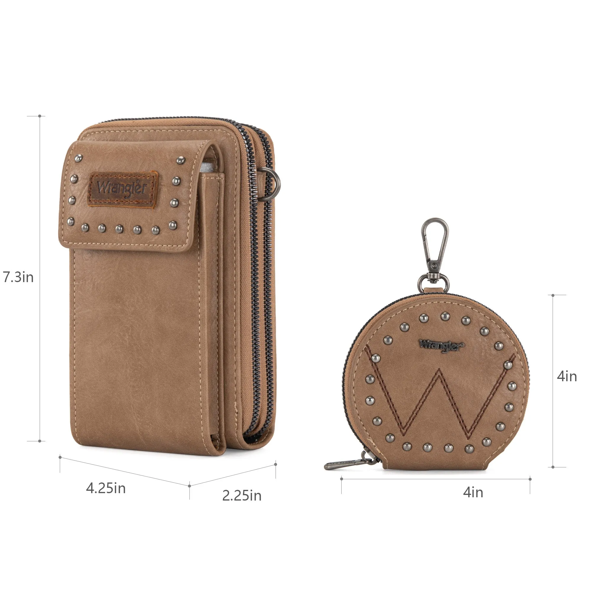 WG48S-270 Wrangler Crossbody Cell Phone Purse 3 Zippered Compartment with Coin Pouch - Khaki)